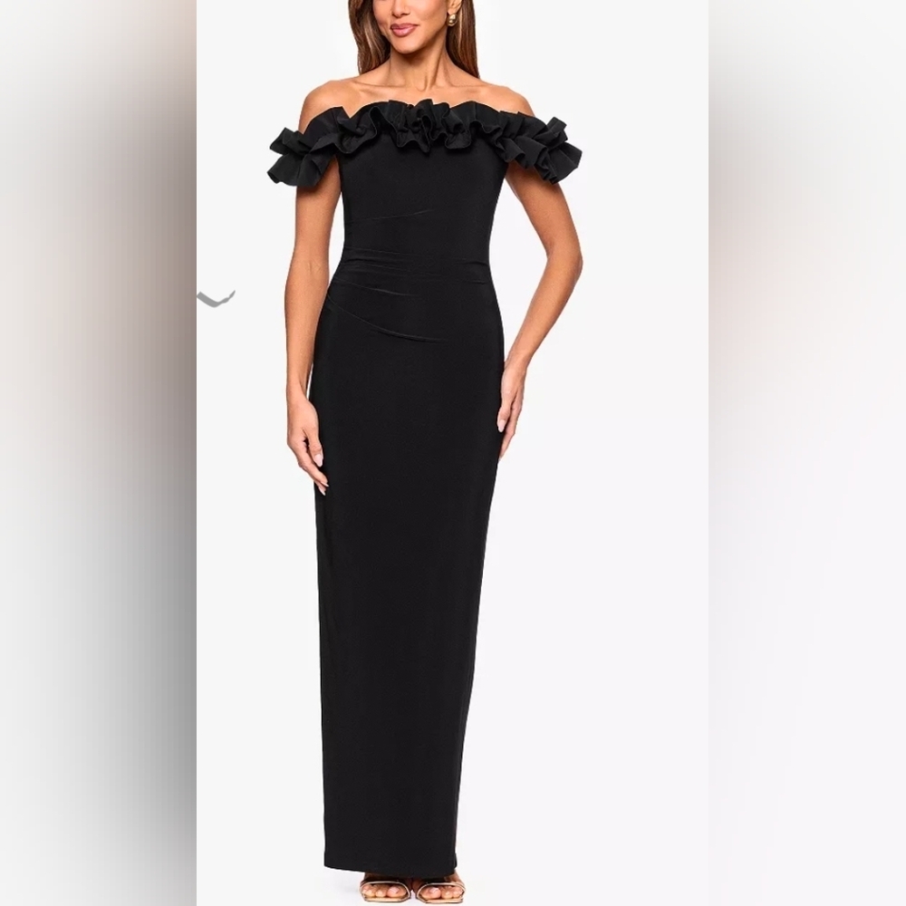 Xscape Strapless Dress with Ruffle in Black
